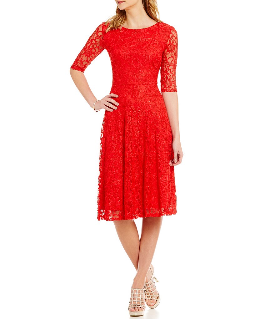 Sangria Lace Fit-and-Flare 3/4 Sleeve Dress