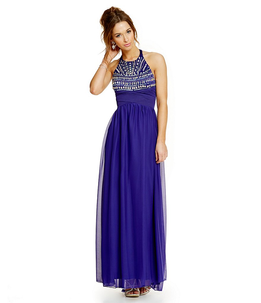 Sequin Hearts Beaded Bodice High Neck Long Halter Dress