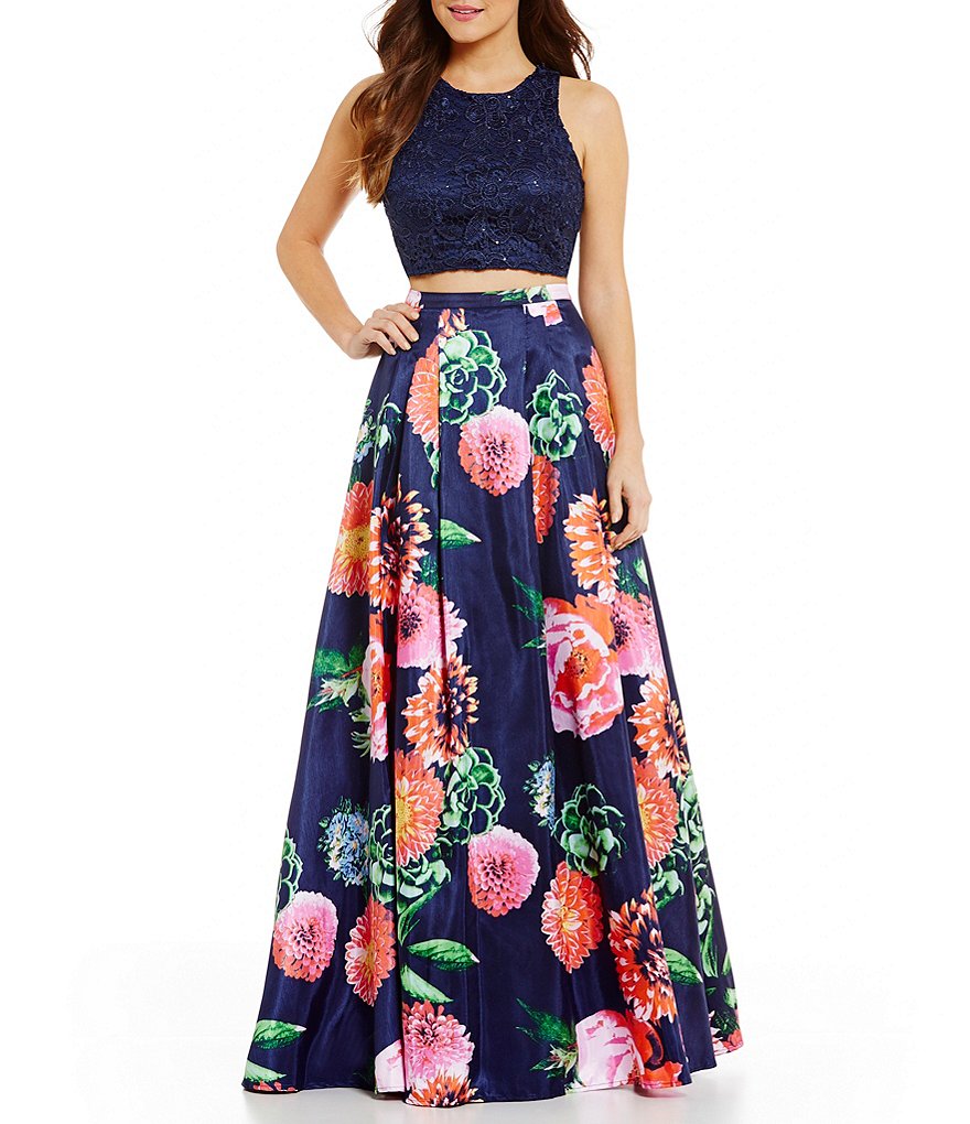 Sequin Hearts High Neck Sequined Lace and Floral Two-Piece Dress