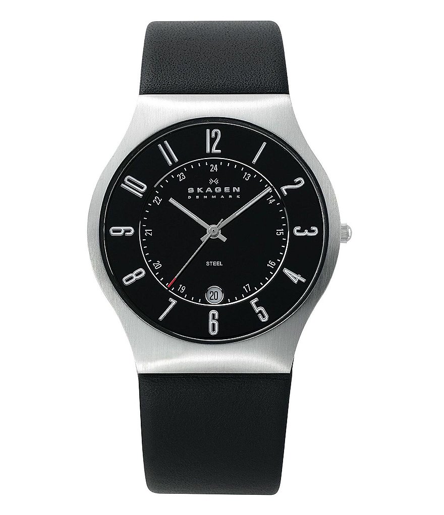 Skagen Modern Stainless Steel Luminus 3 Hand Leather Strap Watch