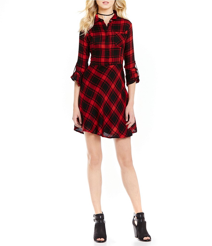 Skies Are Blue Button Front A-line Long Roll-Tab Sleeve Plaid Dress