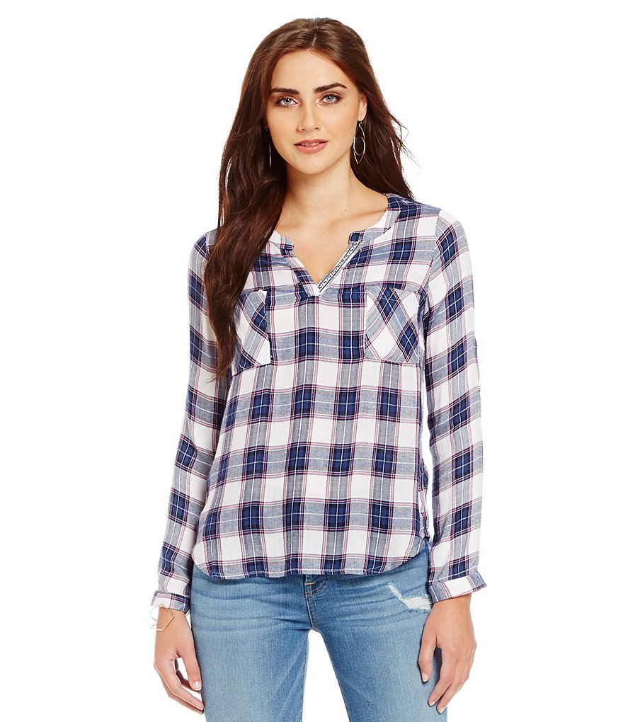 Skies Are Blue Plaid V-Neck Top