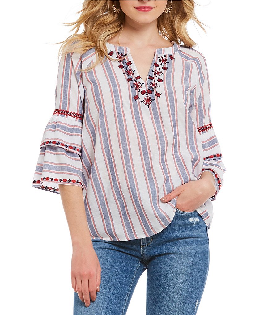 Skies Are Blue Stripe Embroidered Peasant Top