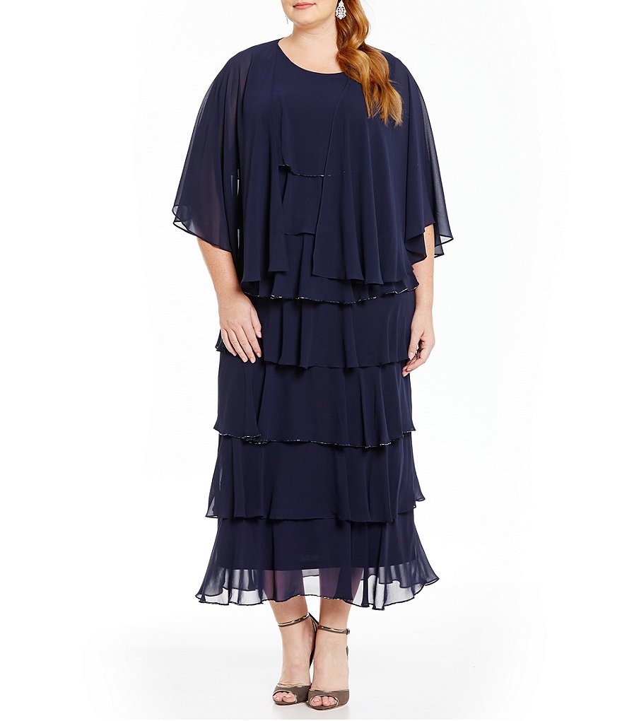 S.L. Fashion Plus Long Beaded Trim Tiered Jacket Dress