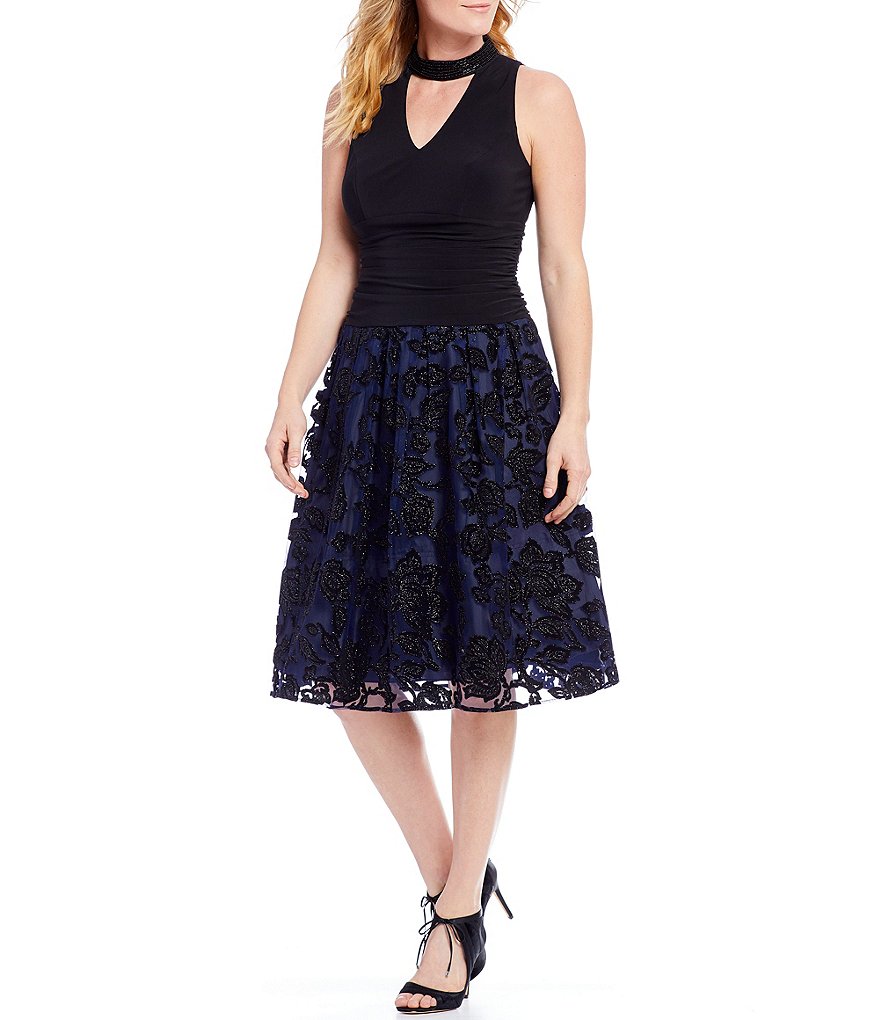 S.L. Fashions Beaded Mockneck Flocked Velvet Dress