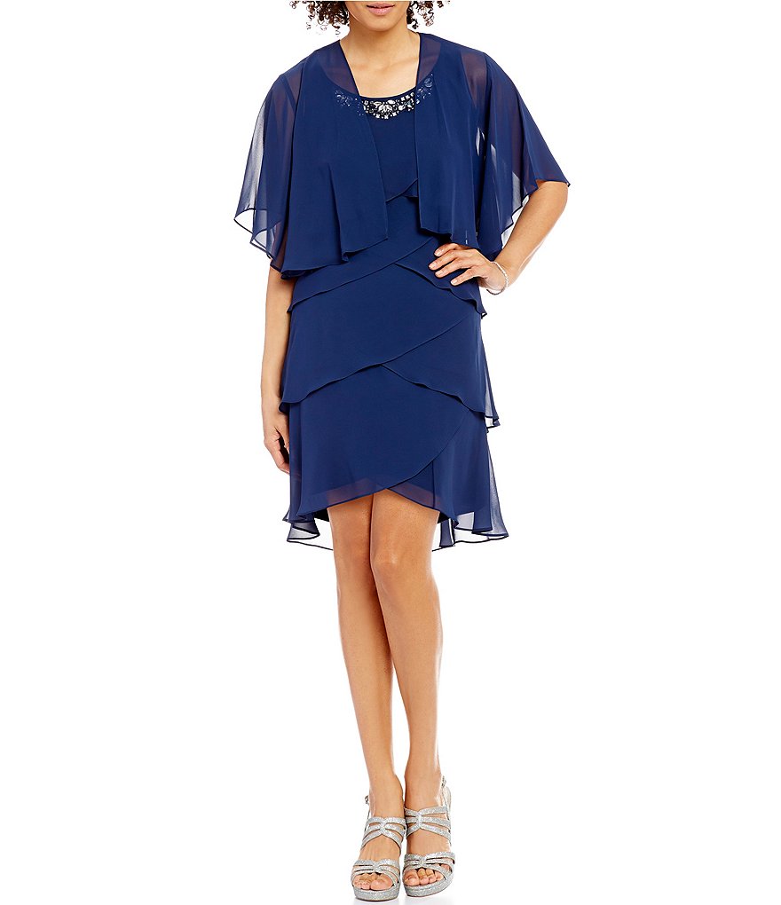Ignite Evenings Beaded-Neck Tiered Jacket Dress