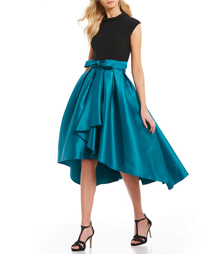 S.L. Fashions Beaded High Neck Tie Waist Hi-Low Dress