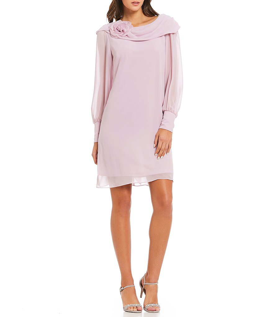 S.L. Fashions Long Sleeve Chiffon Scarf Neck Shift Dress