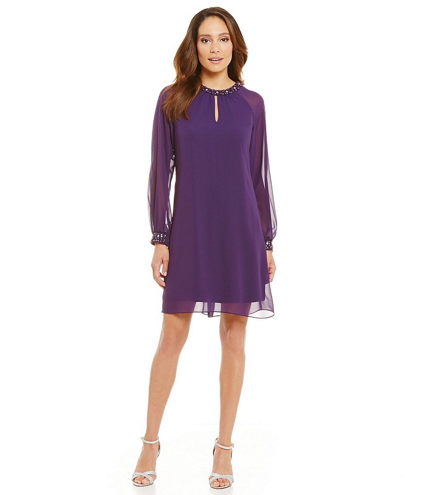 S.L. Fashions Long Sleeve Pearl Neck Shift Dress