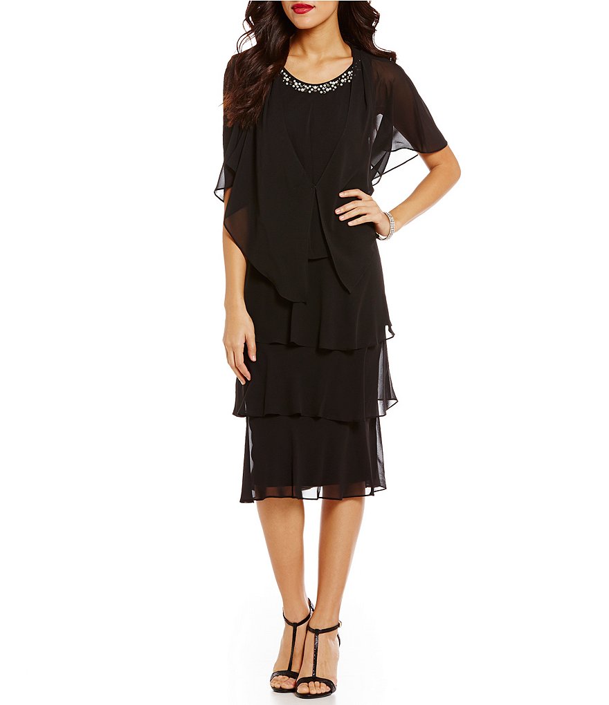 S.L. Fashions Pearl Applique Drape Back Tiered Jacket Dress