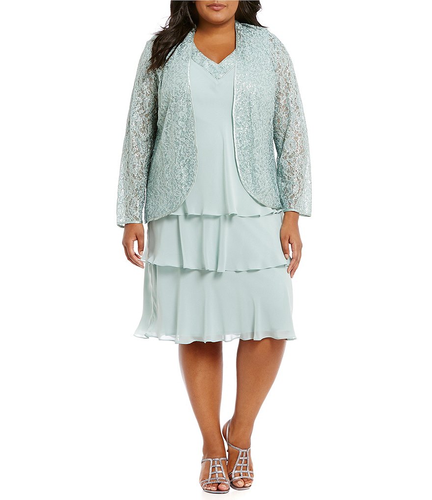 S.L. Fashions Plus Sequined Lace Chiffon Tiered Jacket Dress