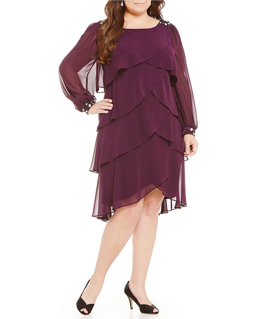 S.L. Fashions Plus Sheer-Long Sleeve Bead-Trim Tiered Dress