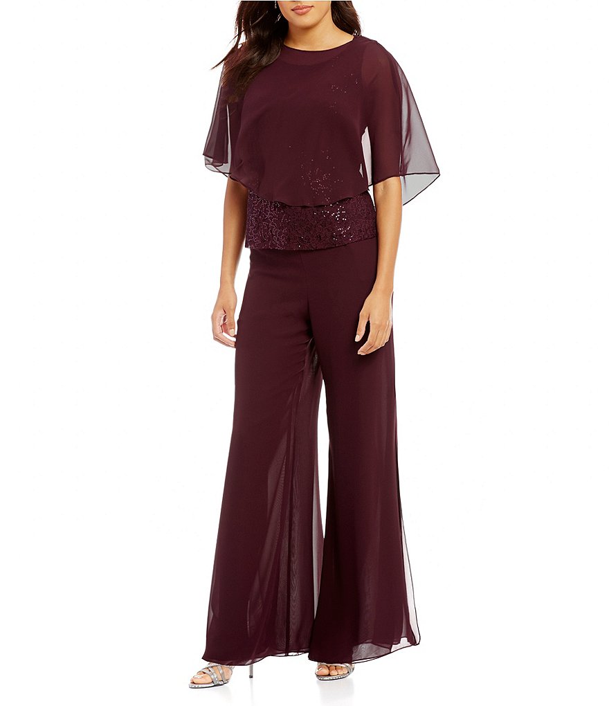 S.L. Fashions Sequin Lace Capelet 3-Piece Pant Set