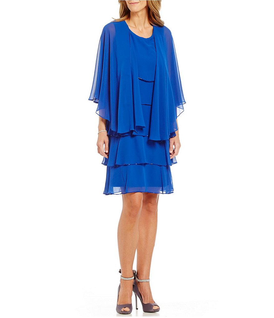 S.L.Fashions Beaded-Edge Tier Cape Jacket Dress