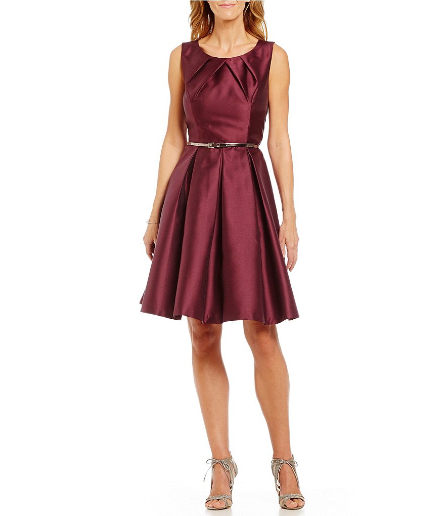 S.L.Fashions Mikado Tuck Neck Sleeveless Belted Fit-and-Flare Dress