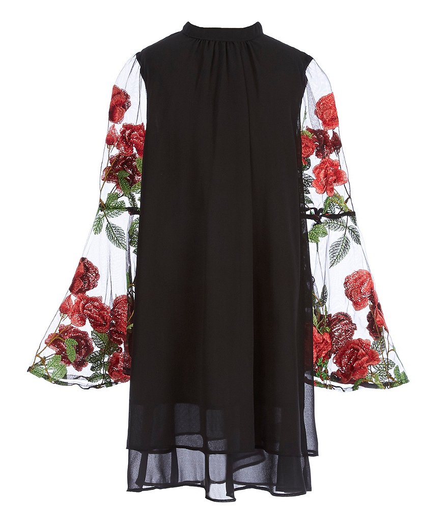 Soprano Big Girls 7-16 Floral-Embroidered-Sleeve Shift Dress
