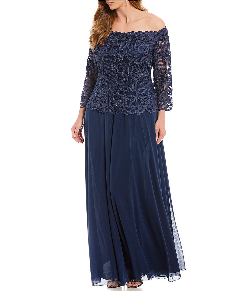 Soulmates Plus Off-the-Shoulder Beaded Bodice Lace Gown