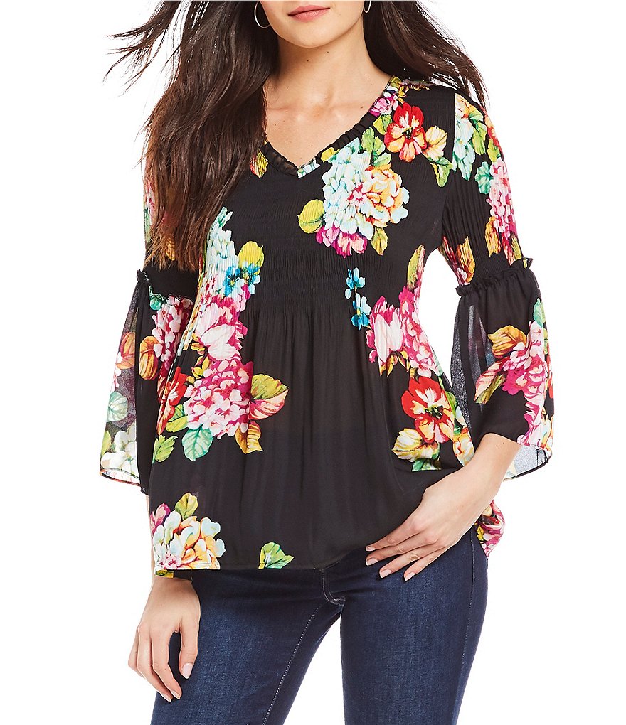 Spense 3/4 Bell Sleeve Smock Waist Floral Print V-Neck Top