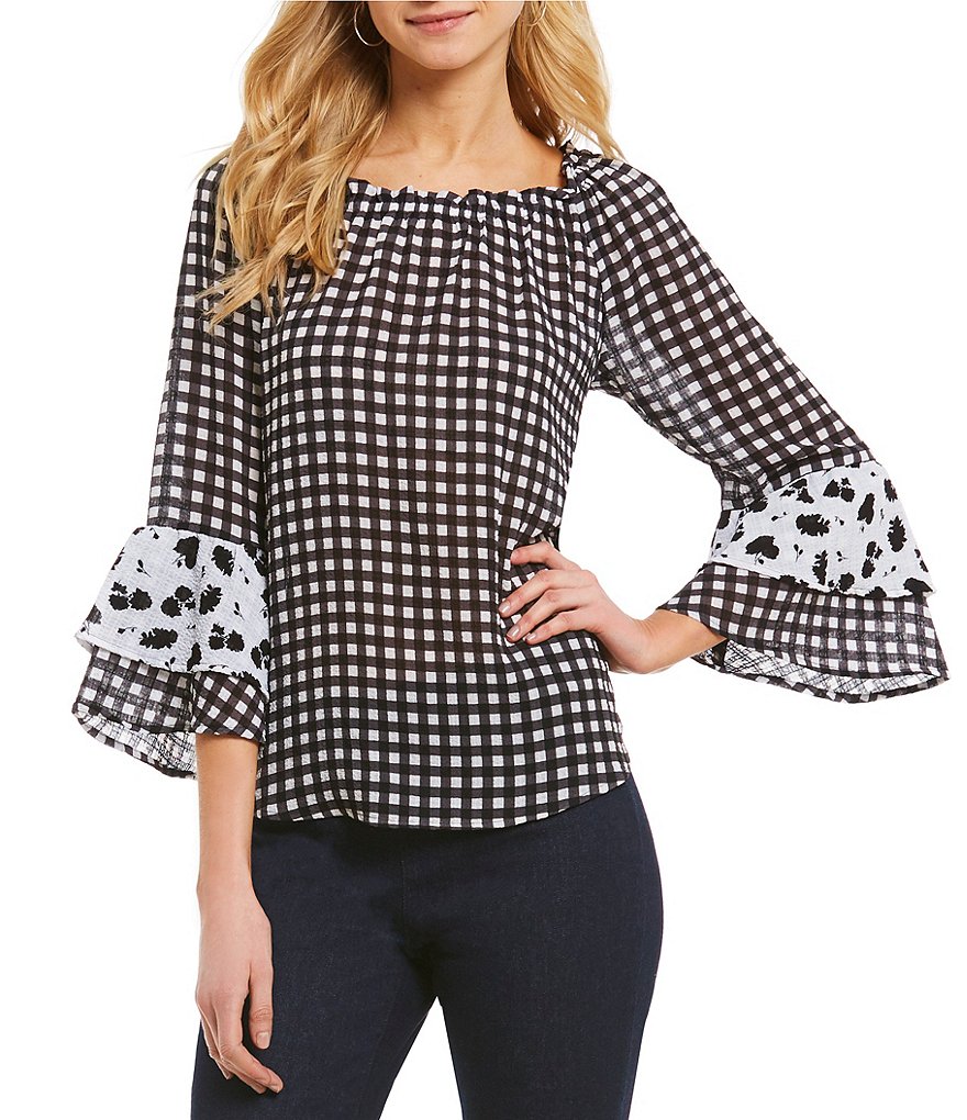 Spense 3/4 Double Ruffle Sleeve Gingham Print Top