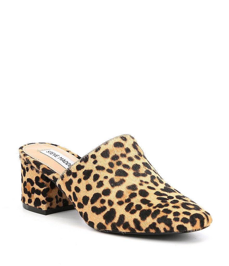 Steve Madden Notch Leopard Print Calf Hair Block Heel Mules