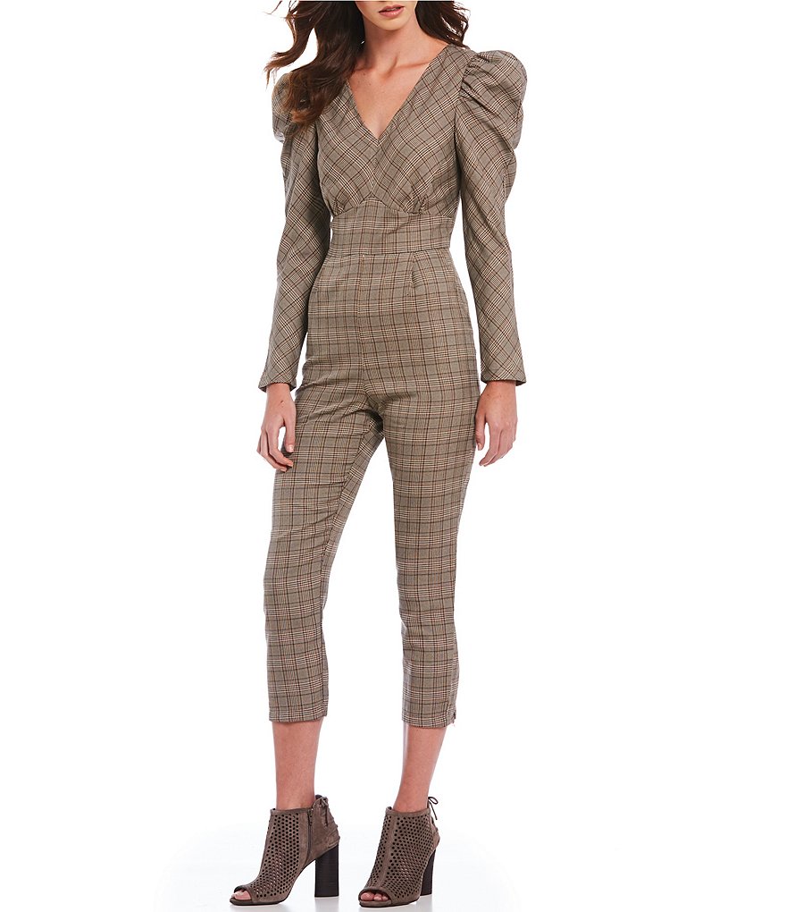 Sugarlips Menswear Plaid Puffed Statement Shoulder V-Neck Cropped Jumpsuit