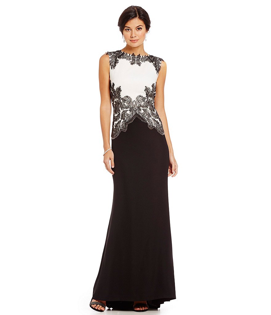 Tadashi Shoji Embroidered Lace Colorblocked Gown