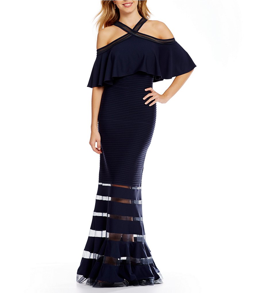 Tadashi Shoji Halter Cold Shoulder Ruffle Gown