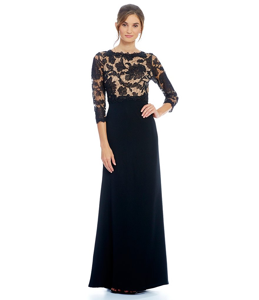 Tadashi Shoji Lace Bodice 3/4 Illusion Sleeve Crepe Gown