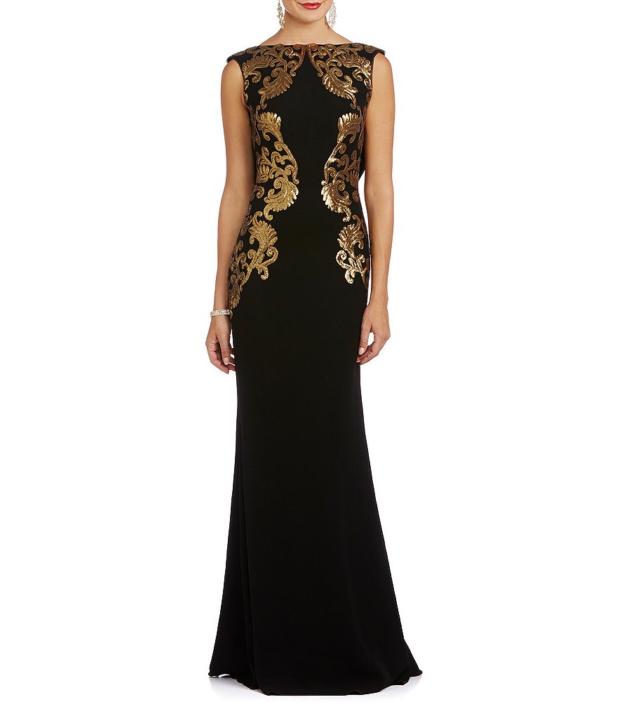 Tadashi Shoji Medallion Drape Back Gown
