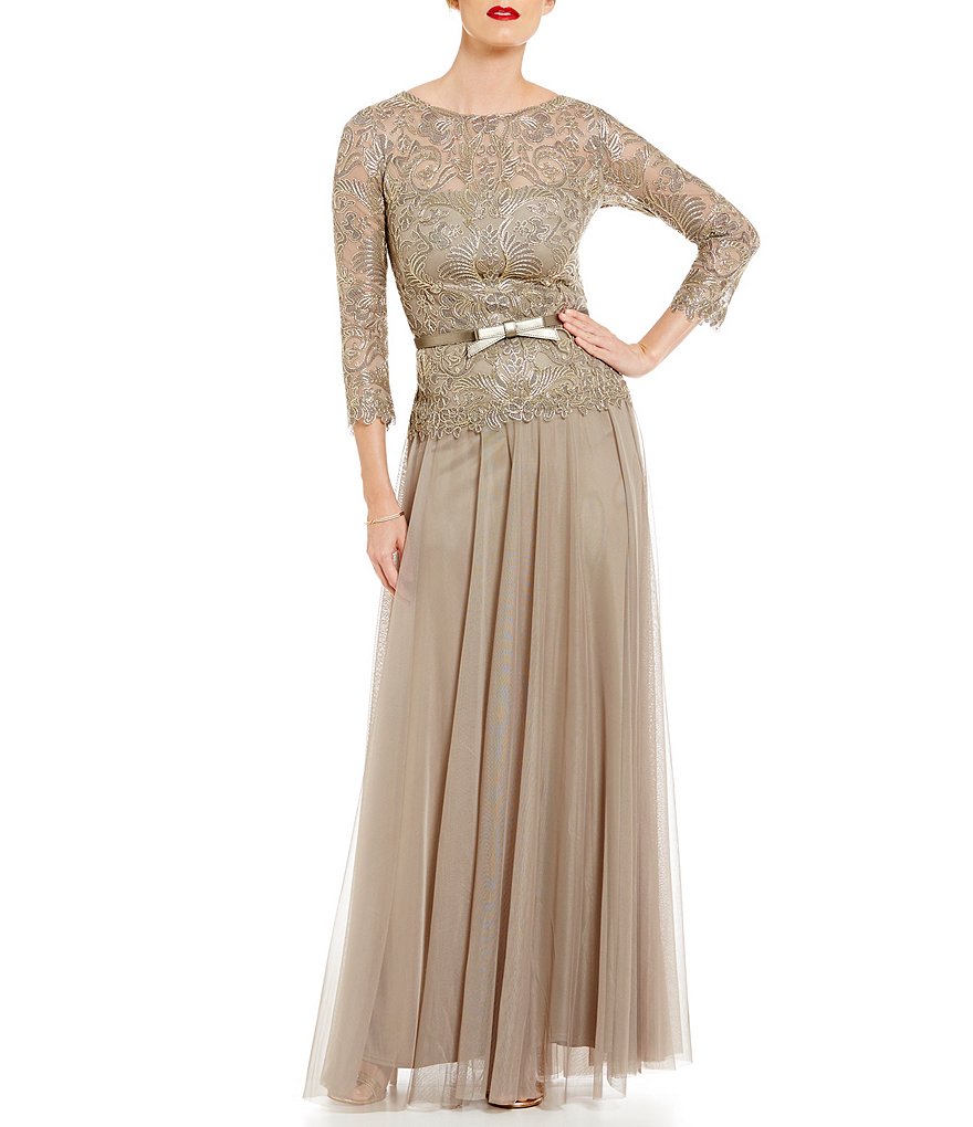 Tadashi Shoji Petite Bateau Neck 3/4 Sleeve Lace Bodice Gown