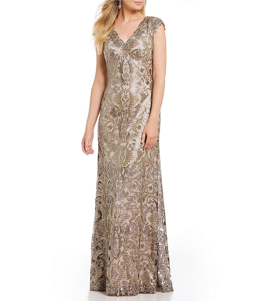 Tadashi Shoji Sequin Lace V-Neck Gown
