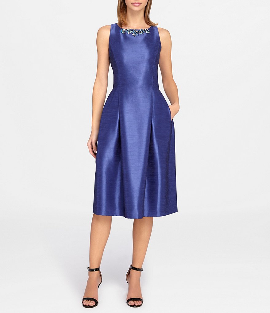Tahari ASL Beaded Neck Midi Fit-and-Flare Dress