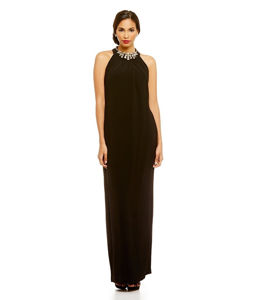 Tahari ASL Beaded Necklace Halter Crepe Gown