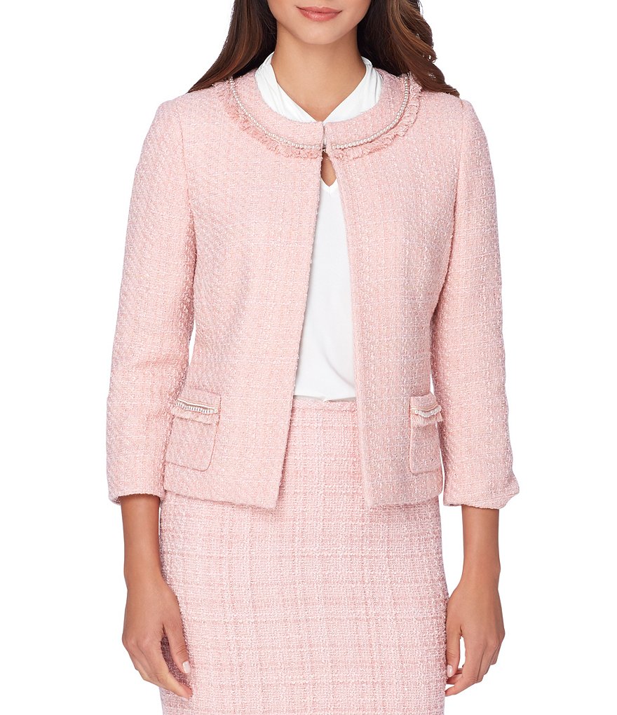 Tahari ASL Fringe-Detail Pearl Trim 3/4 Sleeve Boucle Jacket