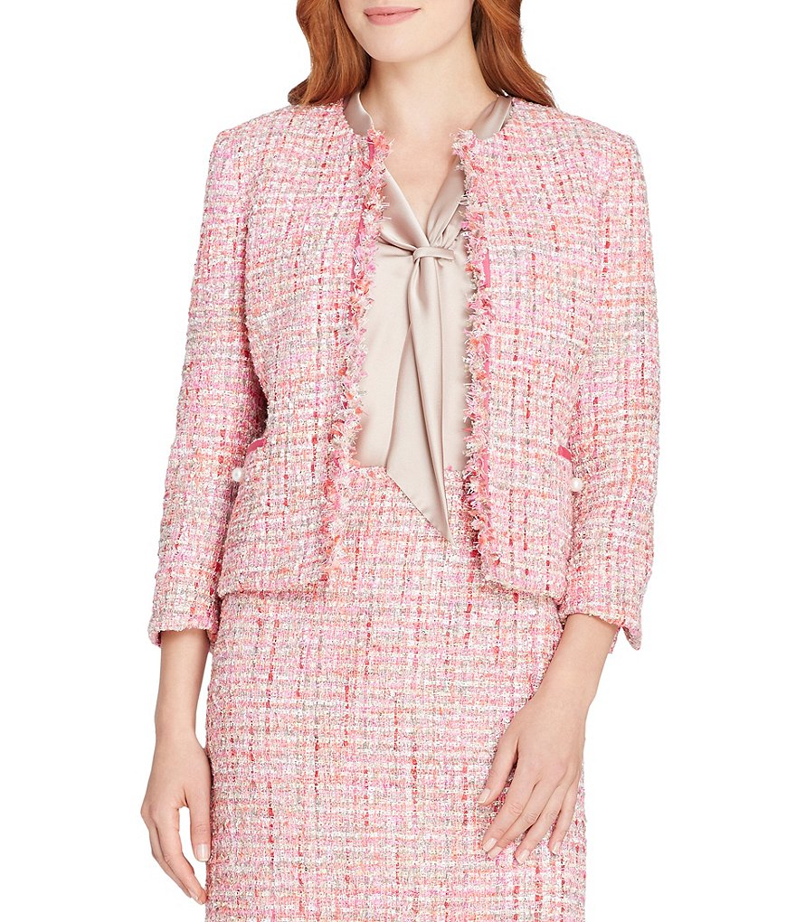 Tahari ASL Boucle Tweed Ribbon and Fringe Trim 3/4 Sleeve Jacket