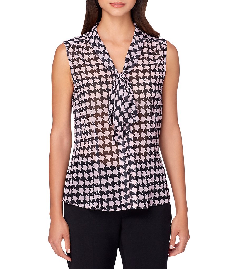 Tahari ASL Chiffon Houndstooth Print V-Neck with Tie Sleeveless Top