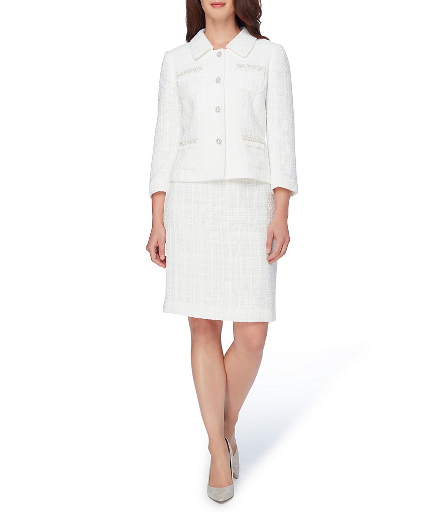 Tahari ASL Metallic Boucle Pearl-Trim Skirt Suit