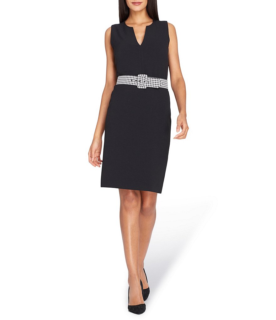 Tahari ASL Pebble Crepe Sheath Dress with Gingham Belt