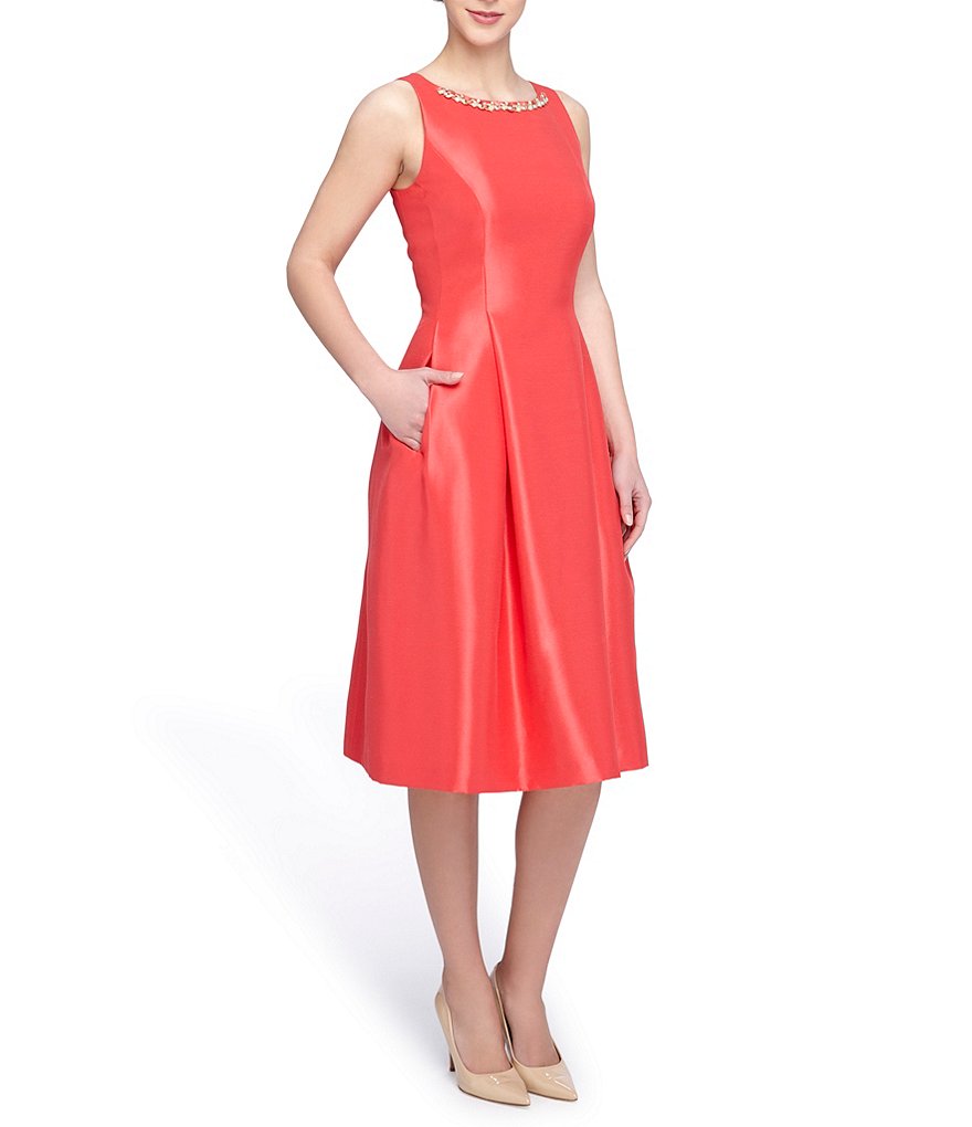 Tahari ASL Petite Beaded Neck Shantung Sleeveless Midi Party Dress