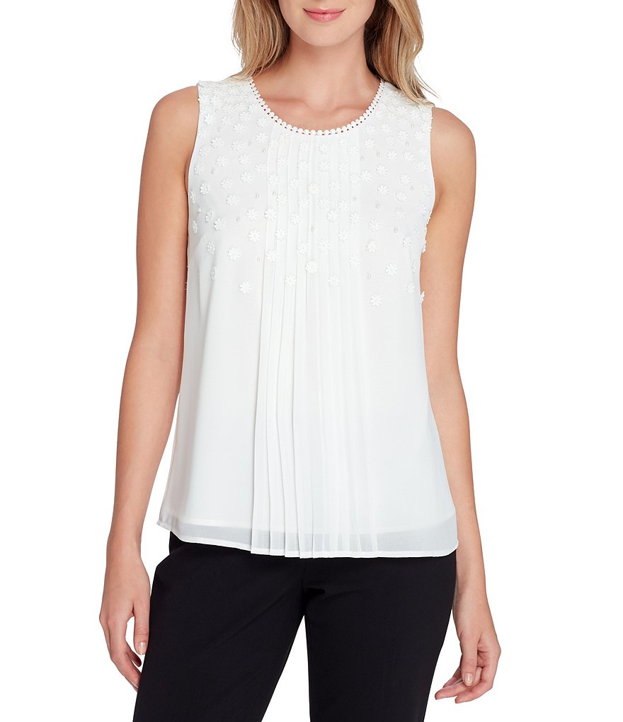Tahari ASL Petite Size Beaded Floral Applique Pintuck Pleated Sleeveless Top