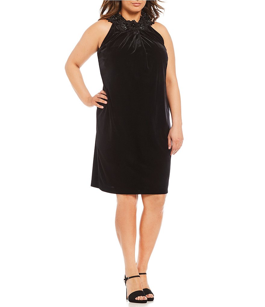 Tahari ASL Plus Flower Applique Velvet Sheath Dress
