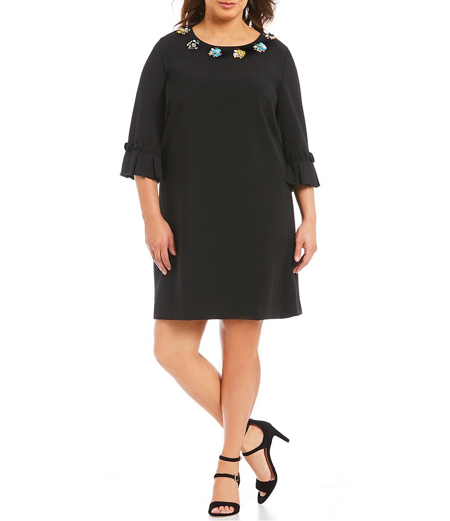 Tahari ASL Plus Jewel-Neck Ruffled Cuff Shift Dress