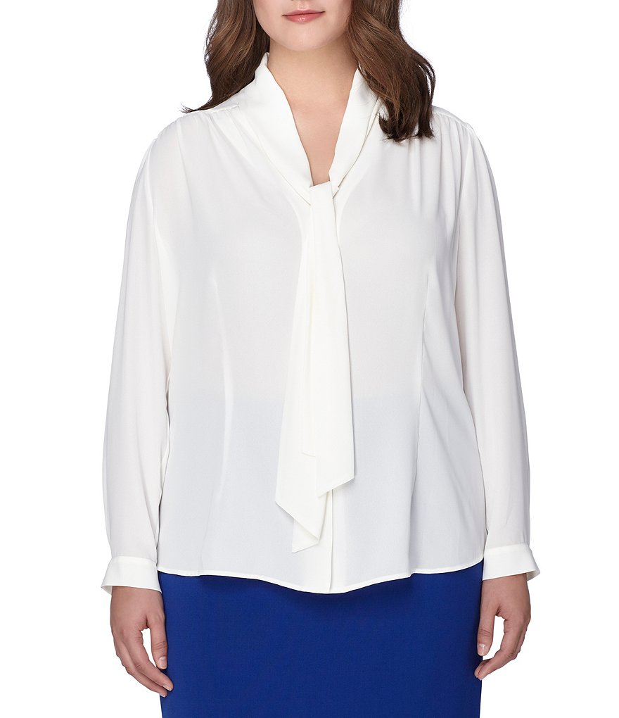 Tahari ASL Plus Long Sleeve Tie-Neck Crepe Blouse