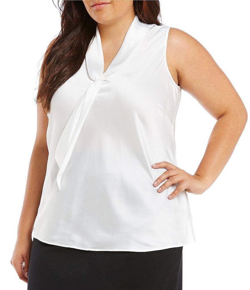 Tahari ASL Plus Sailor-Tie Charmeuse Blouse