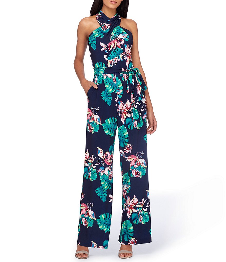 Tahari ASL Printed Floral Halter Jersey Jumpsuit