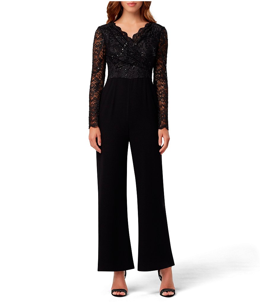 Tahari ASL Sequin Lace V-Neck Crepe Jumpsuit