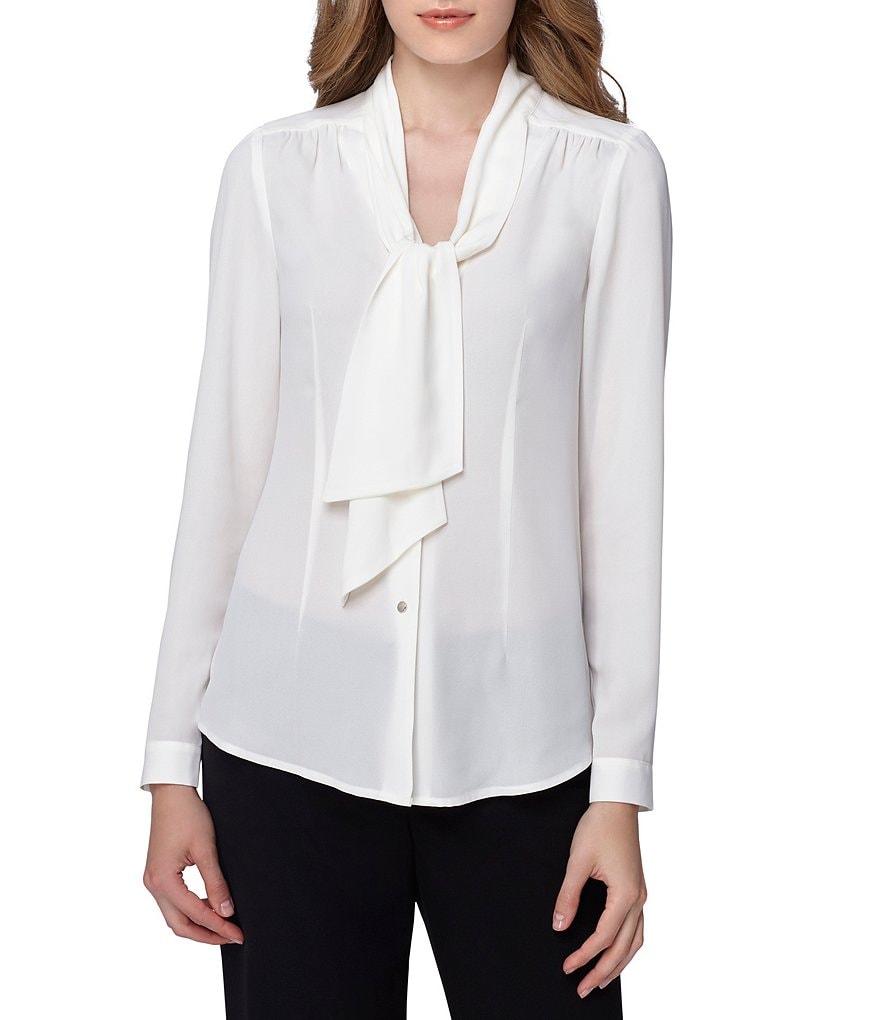 Tahari ASL Tie-Neck Georgette Shirttail Hem Blouse