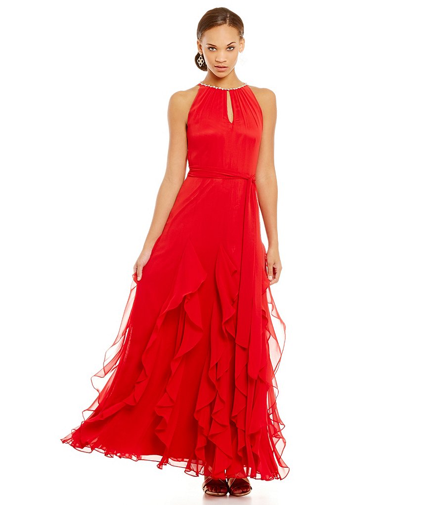 Tahari ASL Tiered Chiffon Jeweled Halter Keyhole Neck Gown