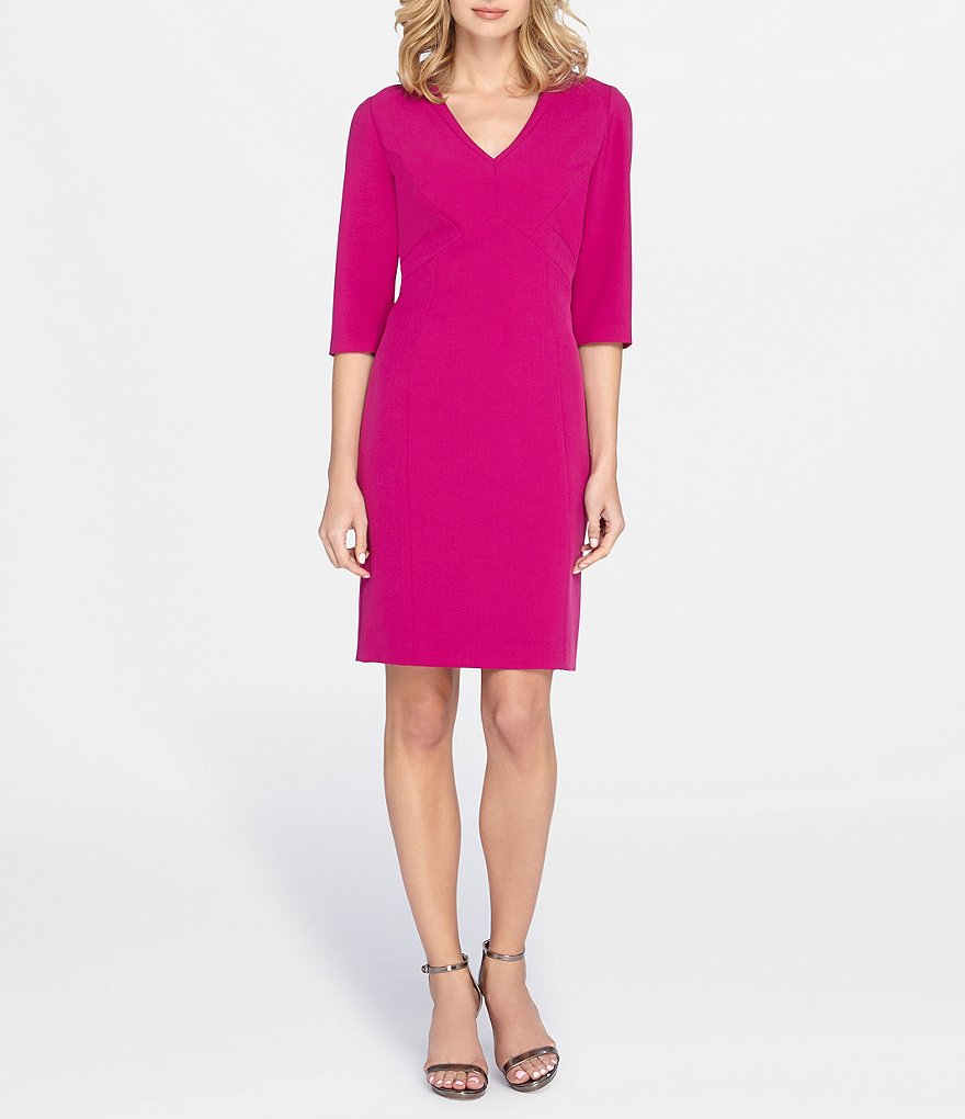 Tahari ASL V-Neck 3/4 Sleeve Crepe Sheath Dress