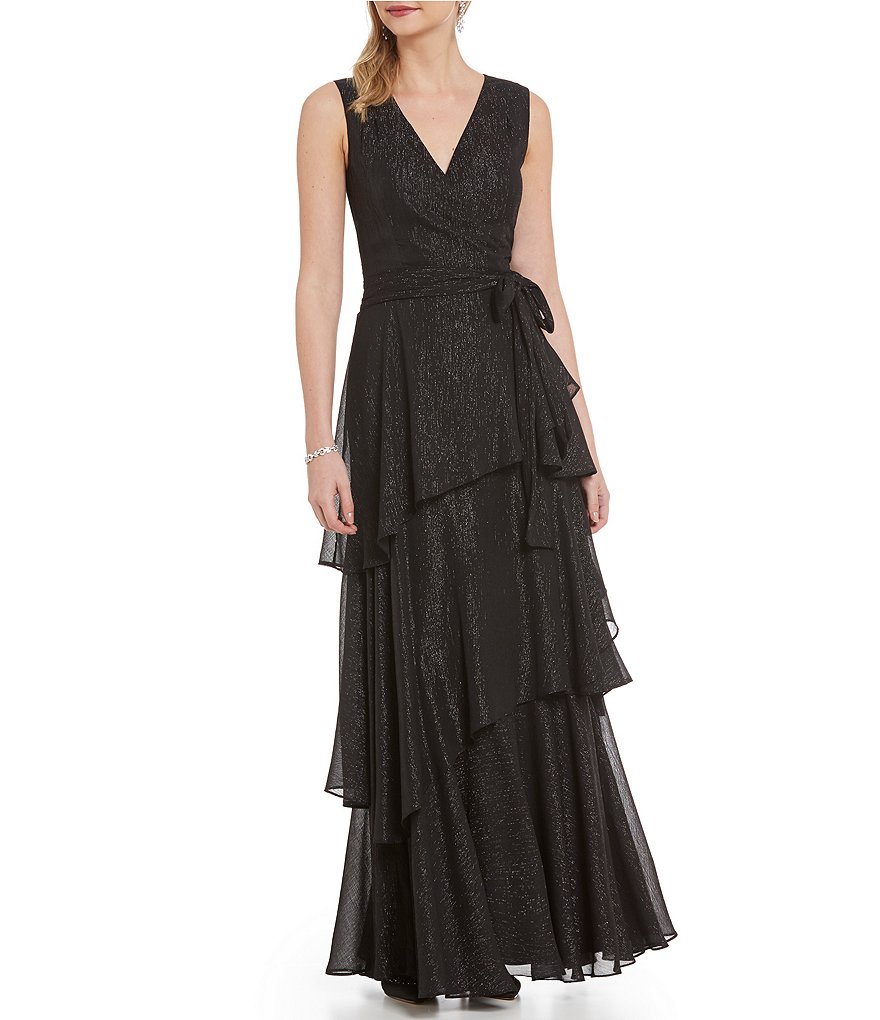 Tahari ASL V-Neck Faux-Wrap Tiered Ruffle Gown